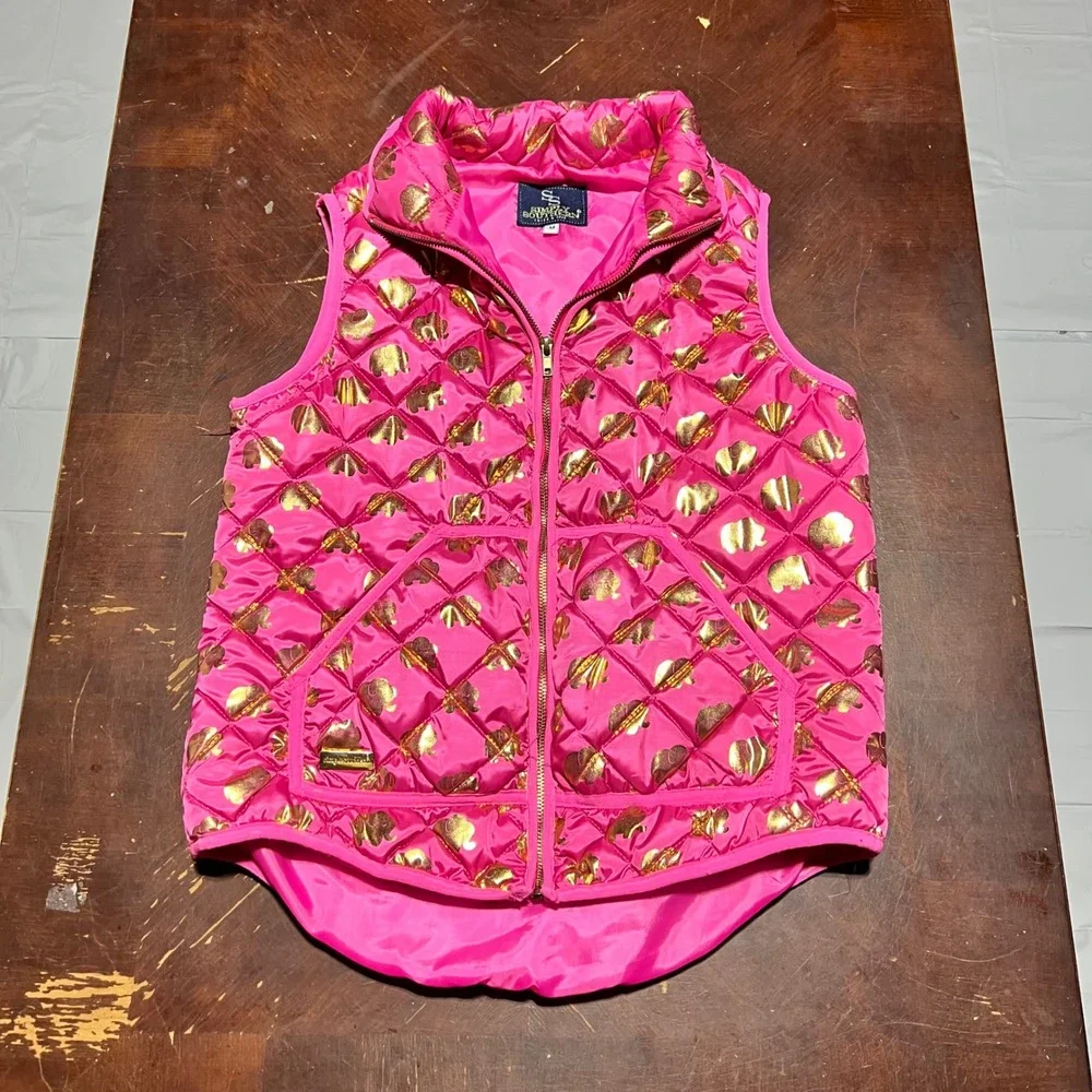 Simply Southern Womens Hot Pink Gold Elephant Quilted Puffer Vest Size Medium
